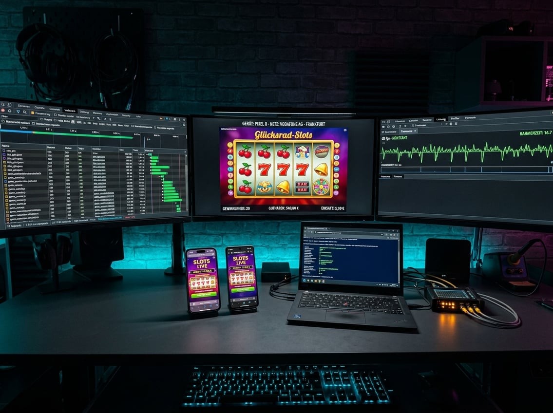 Testumgebung mit Multi-Monitor-Setup, mehreren Smartphones und Netzwerkanalyse-Tools zur Vermessung von Casino-Plattformen